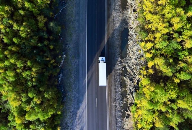 A truck on the road, seen from above